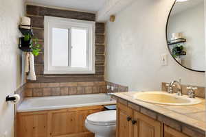 Bathroom featuring a textured wall, a garden tub, and vanity