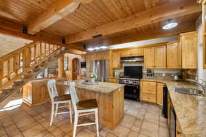Kitchen with a kitchen island, a wood ceiling with exposed beams, arched walkways, light wood finish cabinetry, and stainless steel appliances