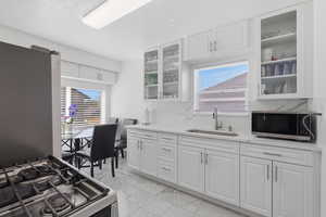 Kitchen featuring white cabinets, light stone countertops, stainless steel appliances, glass fronted cabinets, and healthy amount of natural light