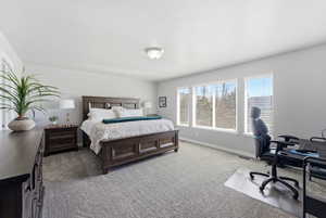 Bedroom with a desk and light carpet