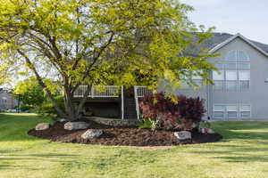Back of house with a yard, stucco siding, and a wooden deck