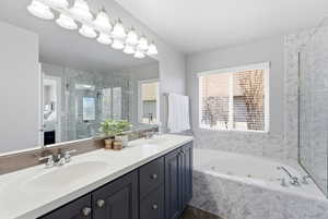 Full bathroom featuring ensuite bath, double vanity, a stall shower, and a whirlpool tub