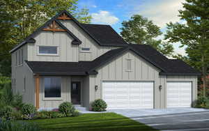 View of front of property featuring board and batten siding, roof with shingles, an attached garage, driveway, and a front lawn