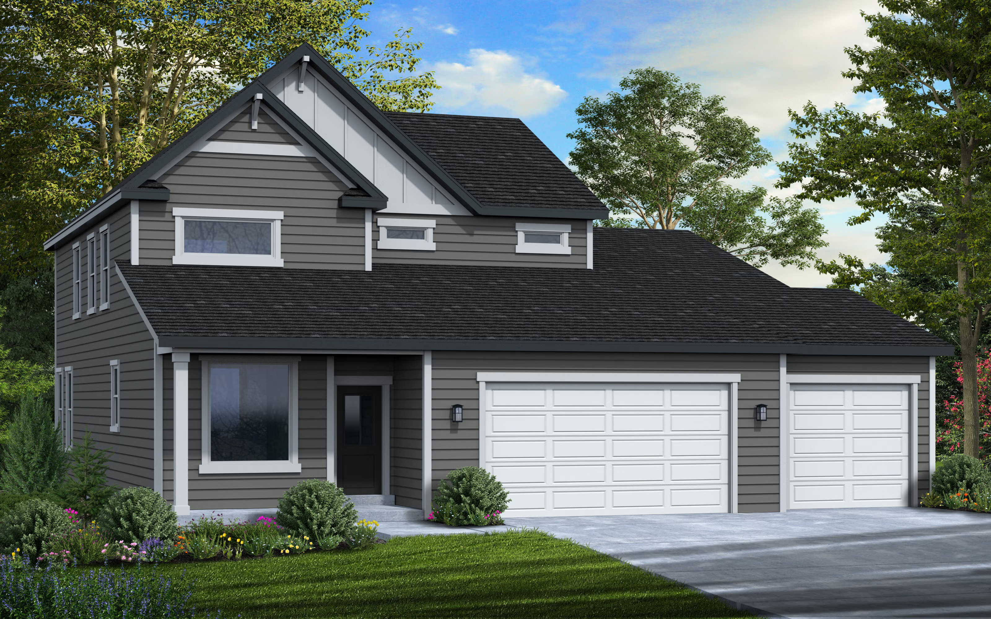 View of front of house with an attached garage, driveway, a shingled roof, and a front lawn
