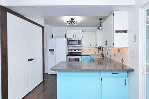 Kitchen featuring stainless steel appliances, tasteful backsplash, white cabinetry, a peninsula, and dark wood-style floors