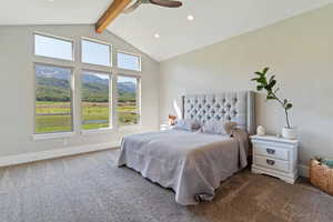 Primary Bedroom featuring carpet, a ceiling fan, recessed lighting and amazing views.