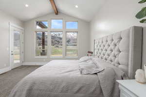 Bedroom with light carpet, beam ceiling, access to outside, a mountain view, and recessed lighting