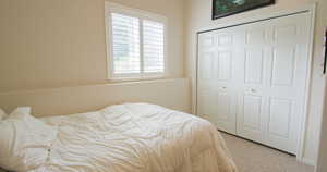 Bedroom featuring light carpet and a closet