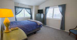 Primary bedroom featuring vaulted ceiling and carpet floors