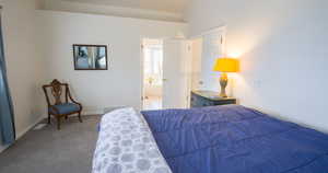Bedroom with light carpet and vaulted ceiling