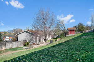 Fenced backyard with an outdoor structure