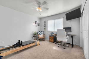 Office space with light colored carpet and a ceiling fan