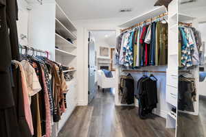 Walk in closet featuring dark wood-style floors