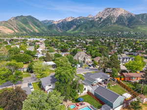 Aerial view of residential area with mountains