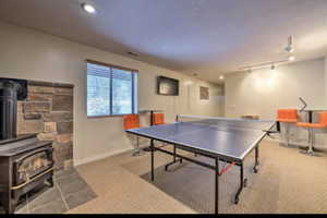 Rec room with a wood stove and track lighting