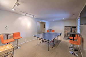 Playroom with track lighting and a wood stove