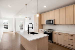 Kitchen featuring light wood finish cabinetry, stainless steel appliances, and modern cabinets