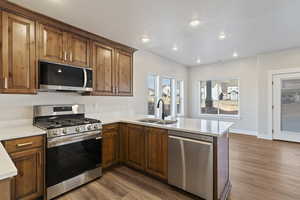 Kitchen with stainless steel appliances, dark wood-style floors, a peninsula, wood finish cabinetry, and light stone countertops
