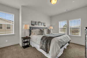 Bedroom featuring carpet flooring and multiple windows