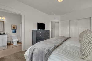 Bedroom with a closet and carpet flooring