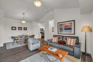 Living area featuring dark wood-style floors and a high ceiling