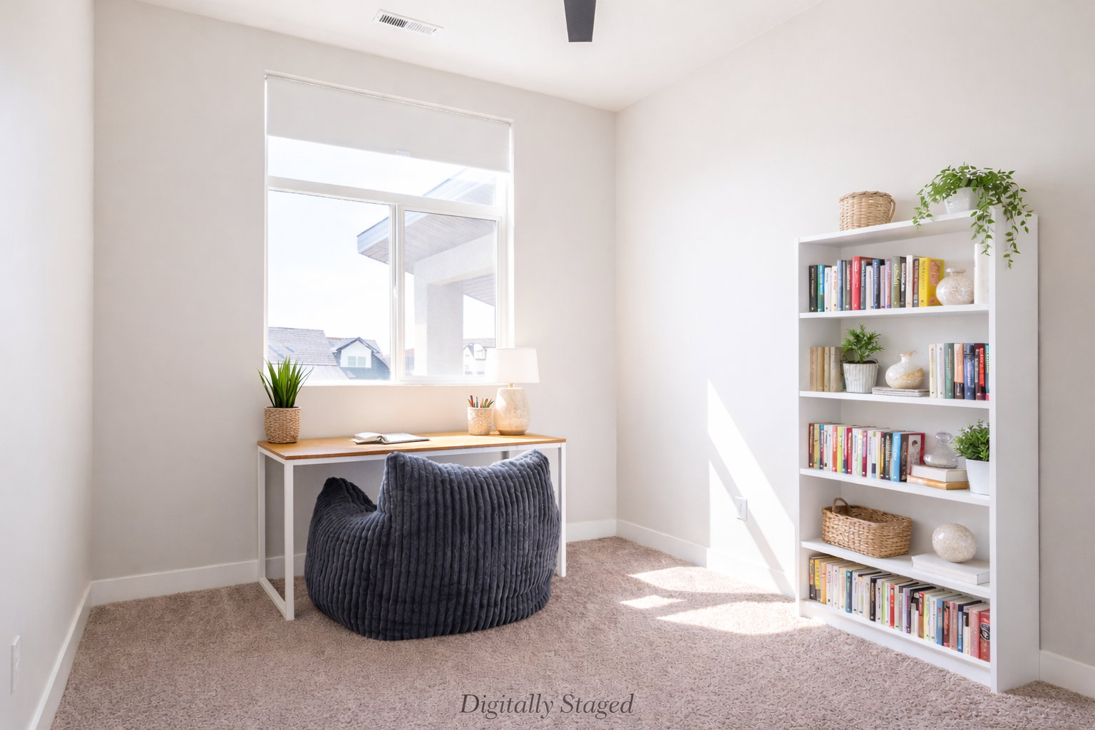 Office featuring light carpet and a desk