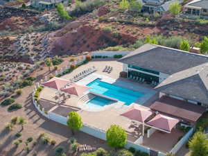 View from above of property with a pool area