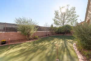 Fenced backyard with a putting area