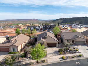 Aerial view of residential area with mountains