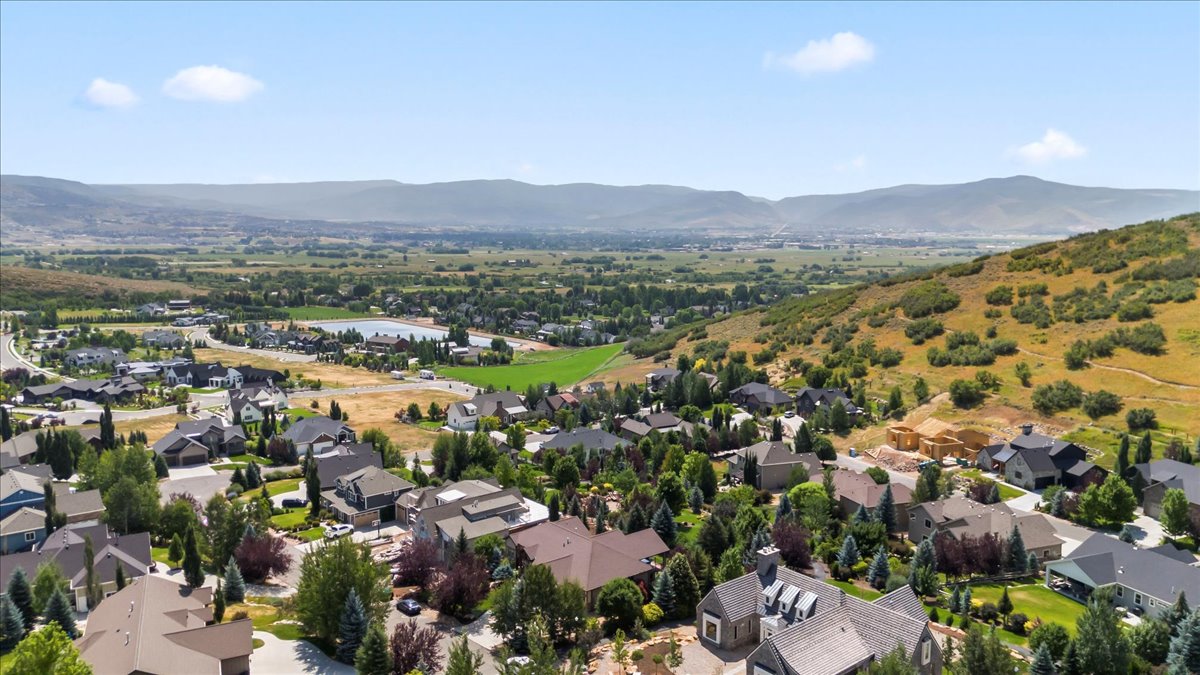 Aerial perspective showcasing a residential neighborhood with varied architectural styles