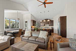Living room featuring a natural gas fireplace, vaulted ceiling and healthy amount of natural light