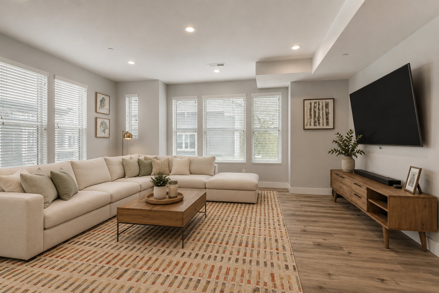 Virtually staged Spacious living area featuring wood-finish flooring, numerous windows with blinds, recessed ceiling lighting, and a contemporary media console