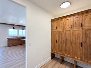 Mudroom featuring light wood-type flooring and recessed lighting