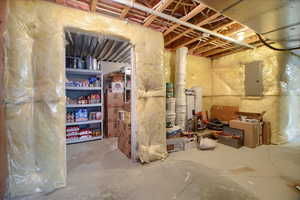 Unfinished basement featuring electric panel