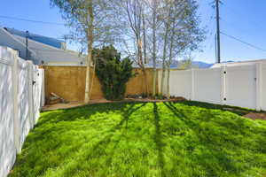 Fenced backyard featuring a mountain view