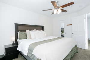 Bedroom featuring carpet flooring and a ceiling fan