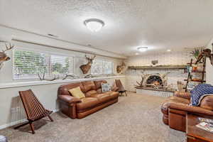 Living room with carpet floors, brick wall, a textured ceiling, and a fireplace