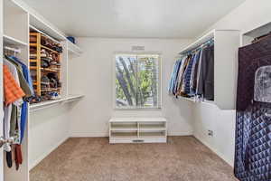 Walk in closet featuring light carpet