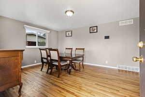 Dining space featuring light wood-style floors and baseboards