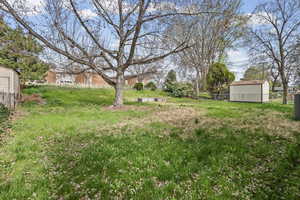 View of yard with a storage shed