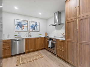 Kitchen featuring exhaust hood, stainless steel appliances, wood finish cabinetry, light wood-type flooring, and recessed lighting