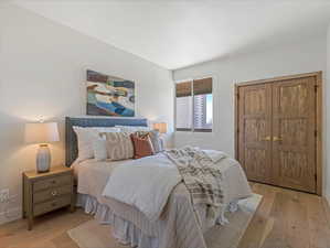Bedroom featuring light wood-style floors and a closet