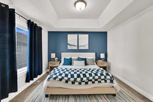 Carpeted bedroom with baseboards and a raised ceiling