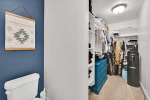 Walk in closet featuring light carpet