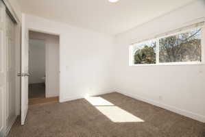 Unfurnished bedroom featuring carpet floors and a closet