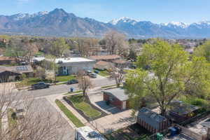Aerial view of residential area with mountains