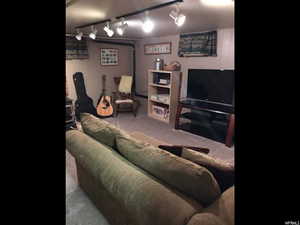 Carpeted living area with track lighting