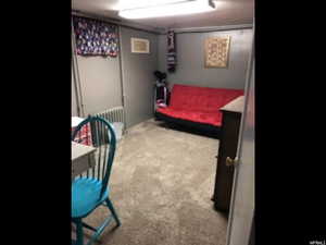 Bedroom featuring light carpet and radiator heating unit