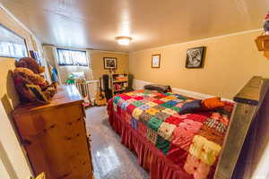 Carpeted bedroom featuring a textured wall