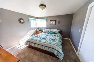 Bedroom with baseboards and carpet